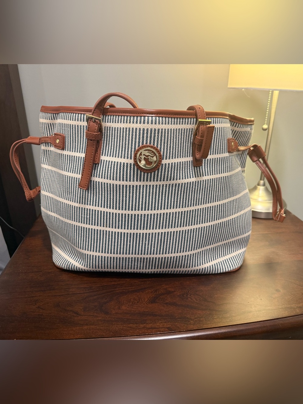Spartina 449 Blue and White Striped Canvas Tote with Brown Trim